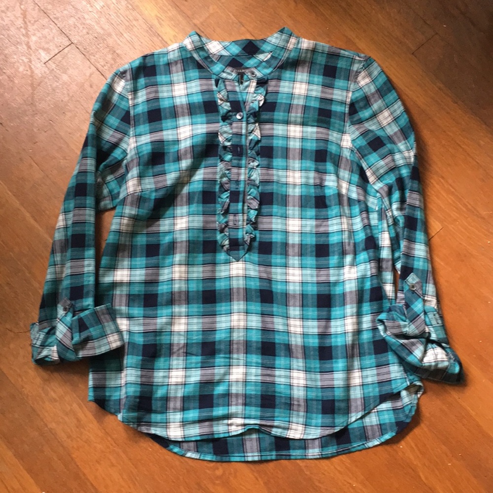 Talbots Cotton Plaid Blouse with Ruffles